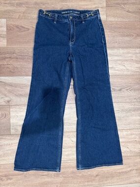 American Eagle Outfitters Navy High-Rise Flare Jeans with Gold Accents